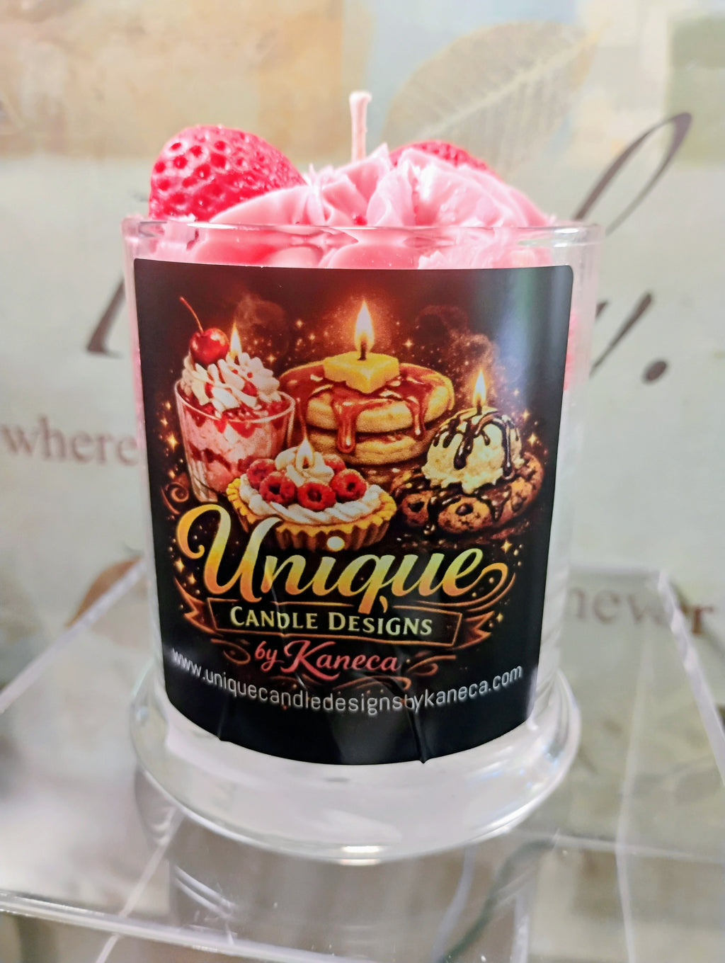 Unique Candle Designs By Kaneca- Strawberry Crunch Cake Candle.13 oz. Large Dessert Candle