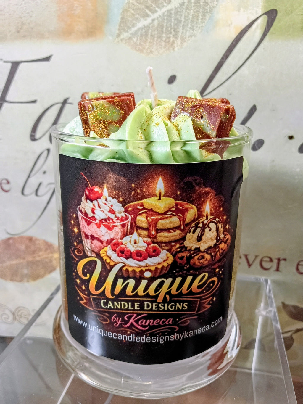 Unique Candle Designs By Kaneca - Dubai Chocolate Candle. 13 oz. Large Soy Dessert Candle