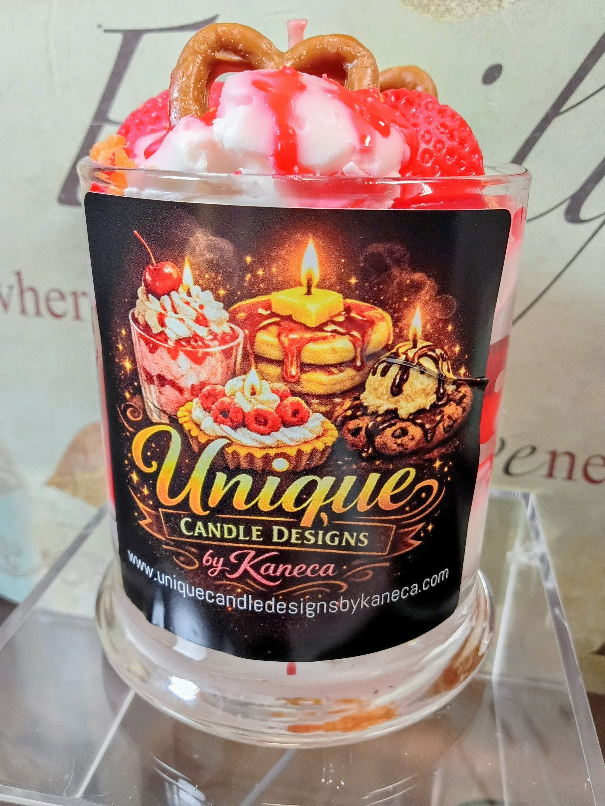 Unique Candle Designs By Kaneca- Strawberry Pretzel Crunch Cake Candle. 13 oz. Dessert Candle