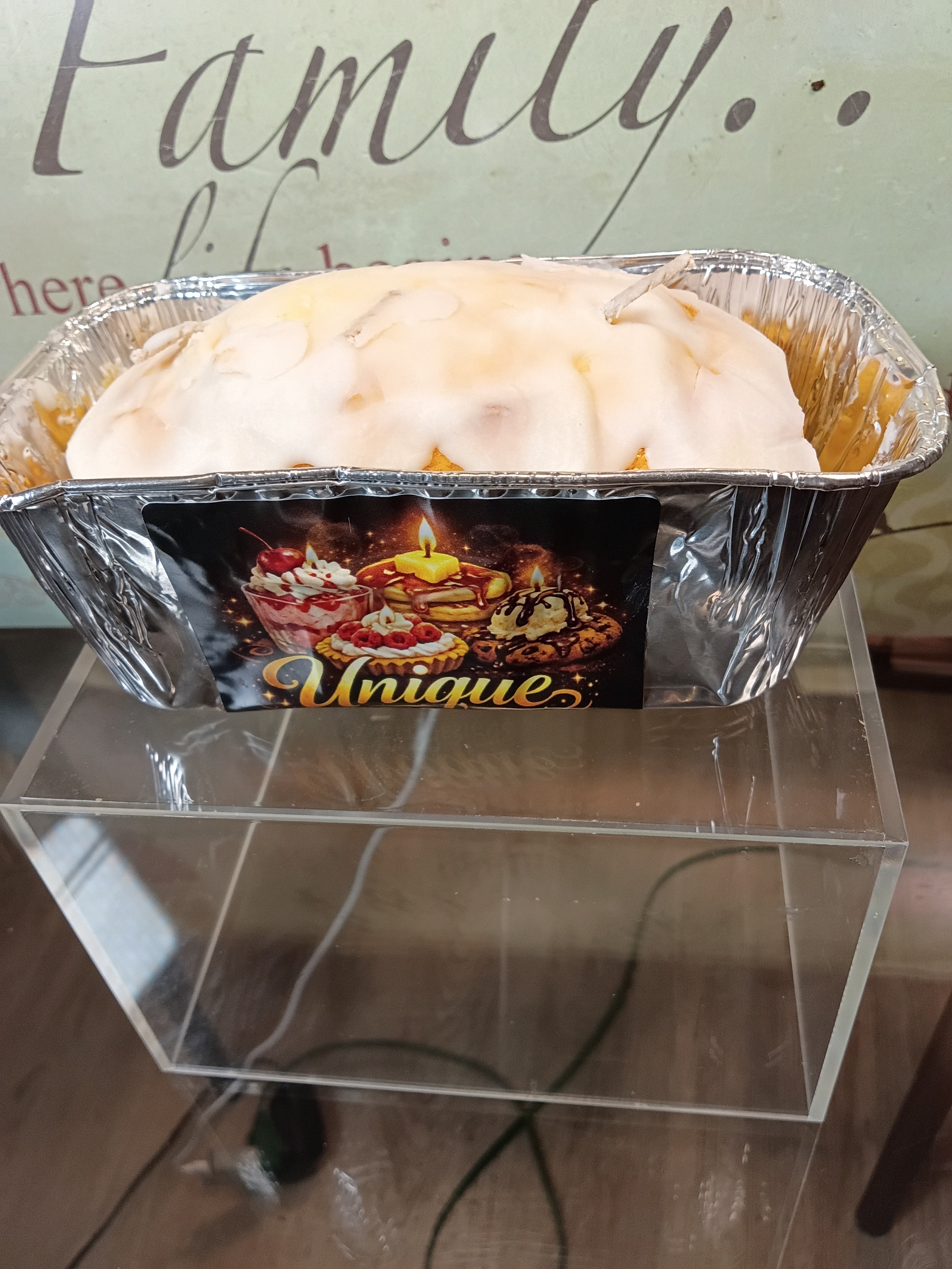 Unique Candle Designs By Kaneca- Large Glazed Lemon Pound Cake Candle. Bread Loaf Pan Candle.