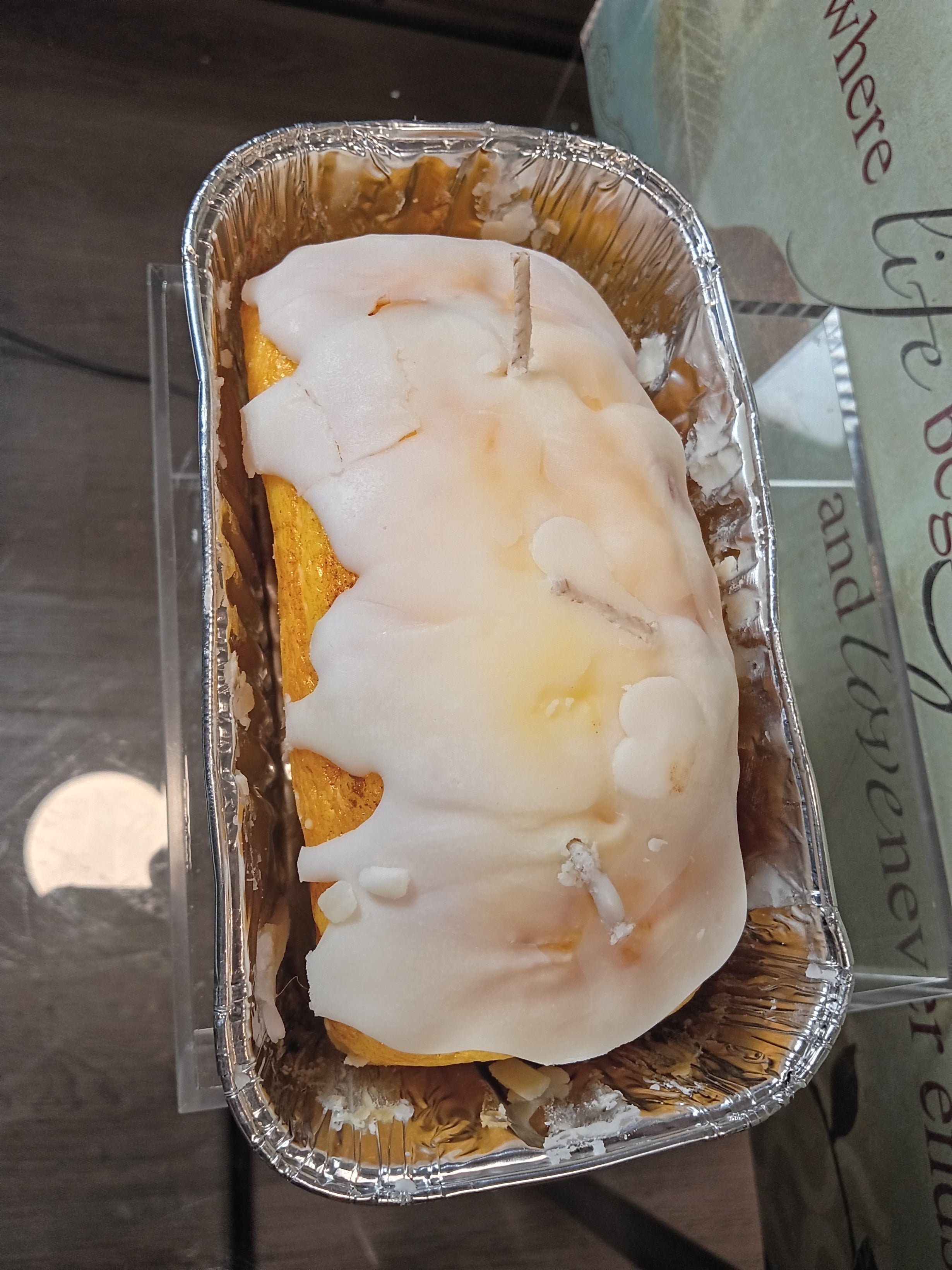 Unique Candle Designs By Kaneca- Large Glazed Lemon Pound Cake Candle. Bread Loaf Pan Candle.