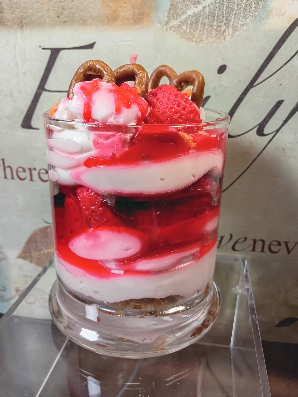 Unique Candle Designs By Kaneca- Strawberry Pretzel Crunch Cake Candle. 13 oz. Dessert Candle