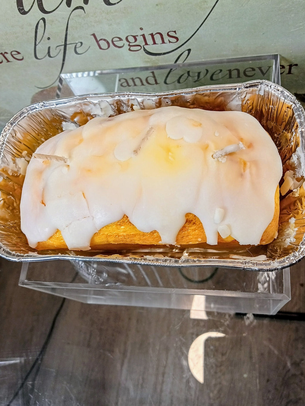 Unique Candle Designs By Kaneca- Large Glazed Lemon Pound Cake Candle. Bread Loaf Pan Candle.